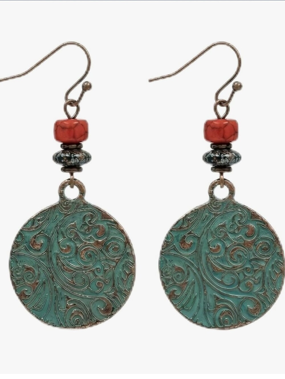 Turquoise Disc Drop Earrings with Coral Accent